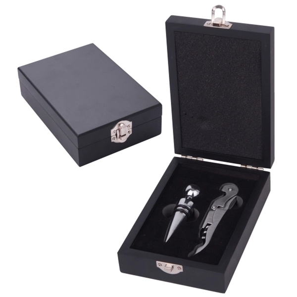 Stainless Steel Wine Opener & Stopper Set in a Wood Case