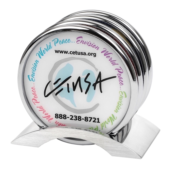 4 pc Full Color Silver Metal Coaster Set w/Silver Base