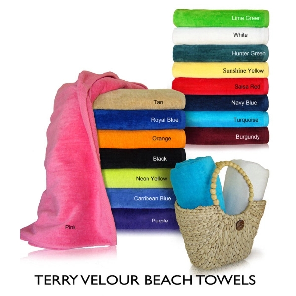 34x70 Terry Velour Beach Towels. 19.0 Lbs/ Dz, 100 % cotton.