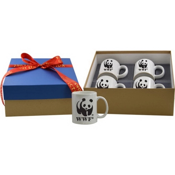 Four mugs in a gift box with ribbon