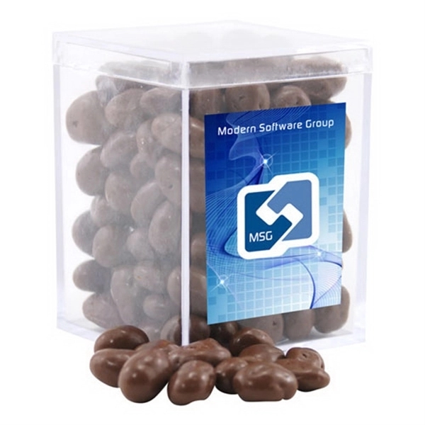 Chocolate Covered Raisins in a Clear Acrylic Square Box