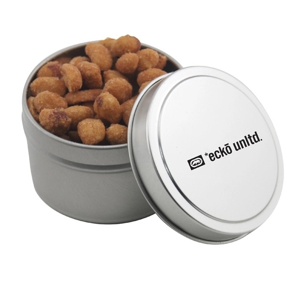 Round Metal Tin with Lid and Honey Roasted Peanuts