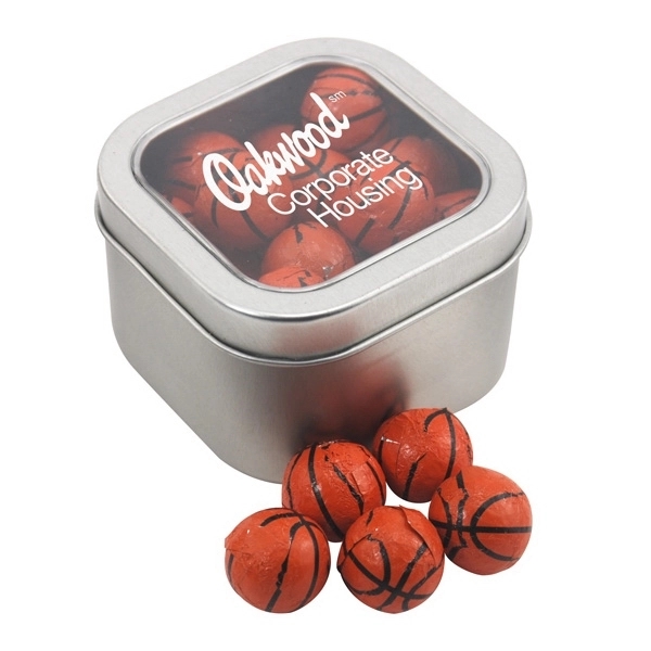 Large Tin with Window Lid and Chocolate Basketballs