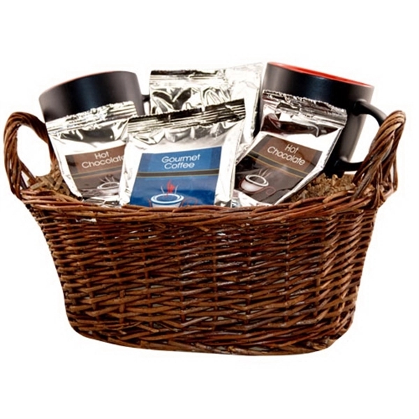 Gift basket with coffee, tea and mugs