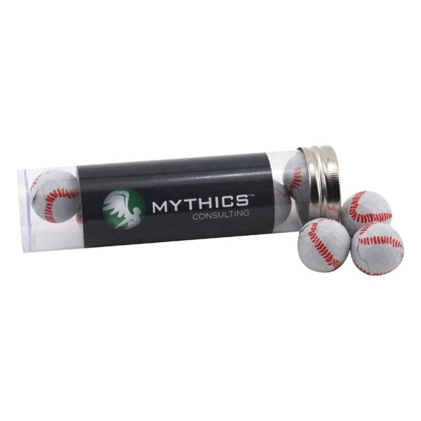 Chocolate Baseballs in a 5 " Plastic Tube with Metal Cap