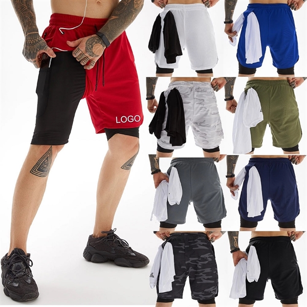 2 in 1 Quick Dry Gym Athletic Short Pants with Phone Pocket