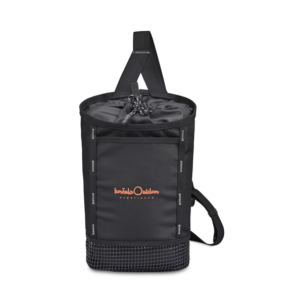 black cylindrical sling bag with orange logo on front and strap - Hadley Insulated Sling Bag