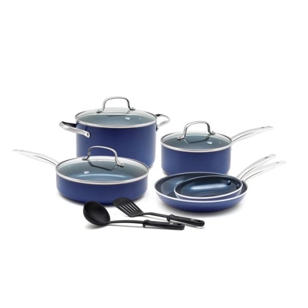 10pc Toxin Free Ceramic Nonstick Cookware Set Blue