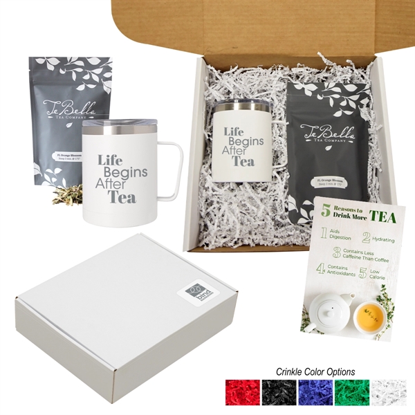 TeBella gift set with tea bag, branded tumbler mug, instruction car, box packaging, and colored crinkled cut paper