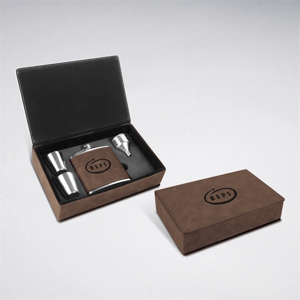 Leatherette Flask Gift Set - Dark Brown