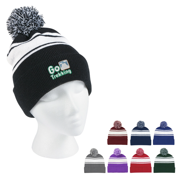 Two-Tone Knit Pom Beanie With Cuff