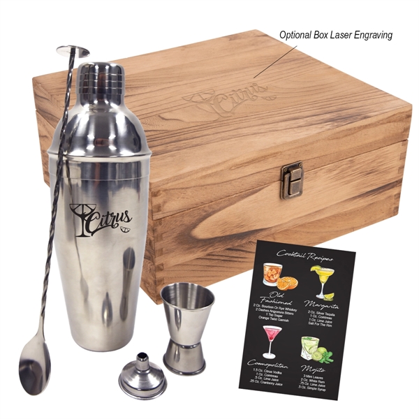 stainless steel cocktail gift set including box, shaker, mixing spoon, jigger, nozzle, and recipe card