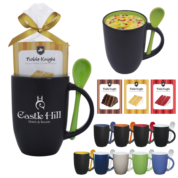 black branded mug with colored spoon and mug cake packet