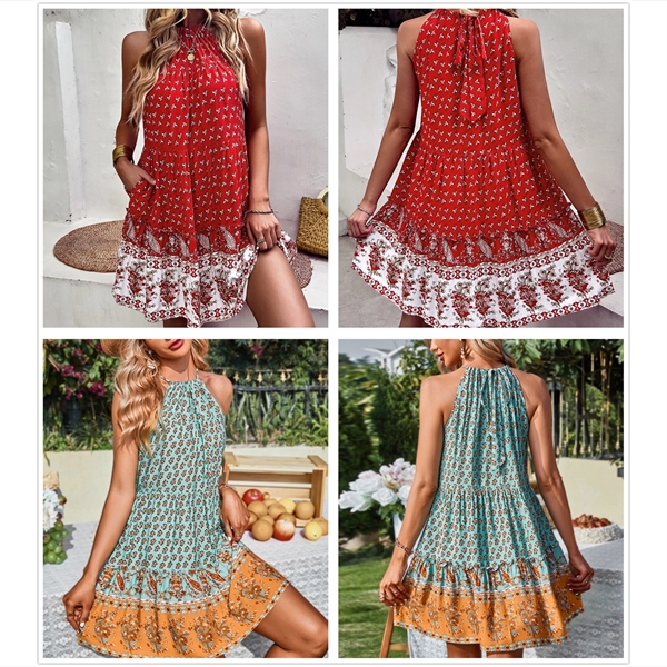 Women's Casual Mini Halter Neck A-Line Tank Sun Dress
