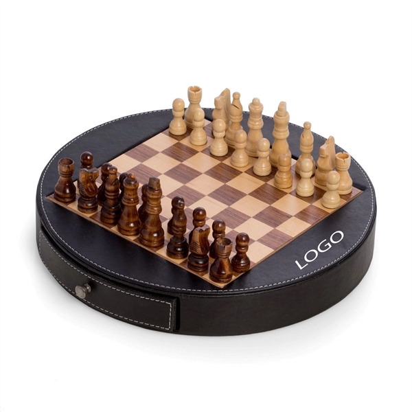 Deluxe Chess Set in Wood with Black Leather Wrapped Around t