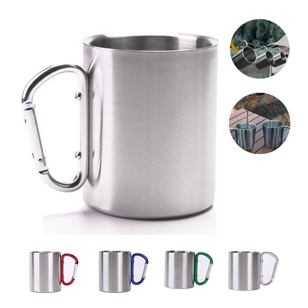 10 oz Stainless Steel Coffee Camping Mug W/Carabiner Handle