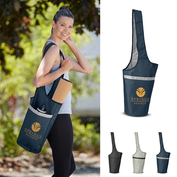 woman holding dark-colored econscious Yoga Carry Bag with yoga mat and yellow branded logo on the side of bag