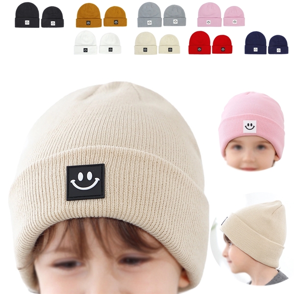 Kids Short Watch Cap Knit Beanie With Smiley Face Label