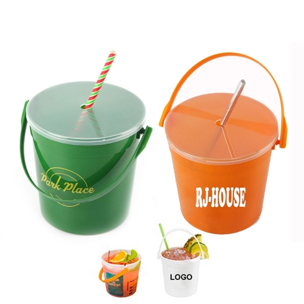 32oz Plastic Drink Buckets with Lids & Straws
