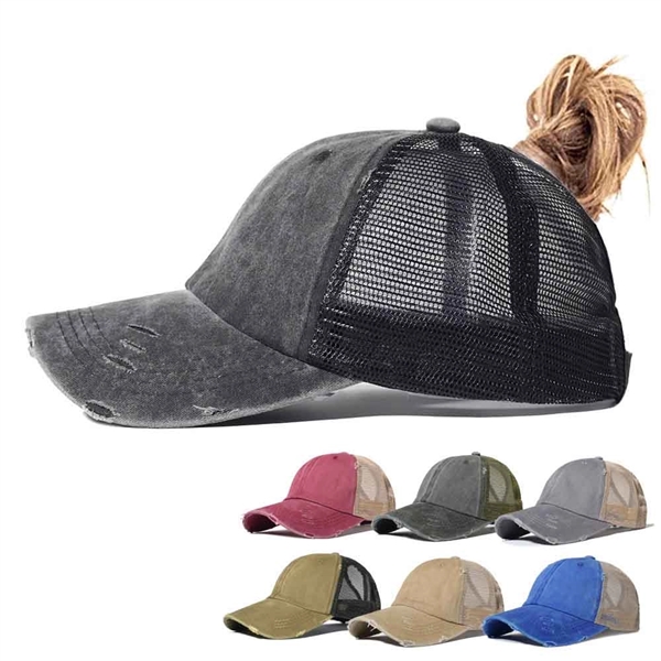 Vintage Women Washed Cotton High Ponytail Baseball Cap