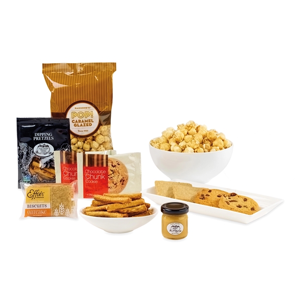 foodies gift box including caramel corn, pretzels, mustard, biscuits, and cookie