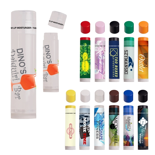 multi-colored lip moisturizer sticks with branding