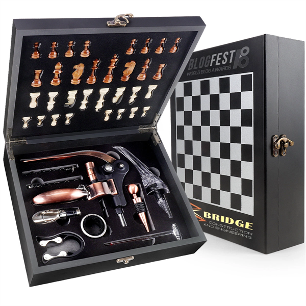 Black Wooden Box Wine Accessories With Chess Set