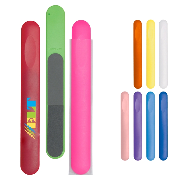 colored nail file in branded sleeves