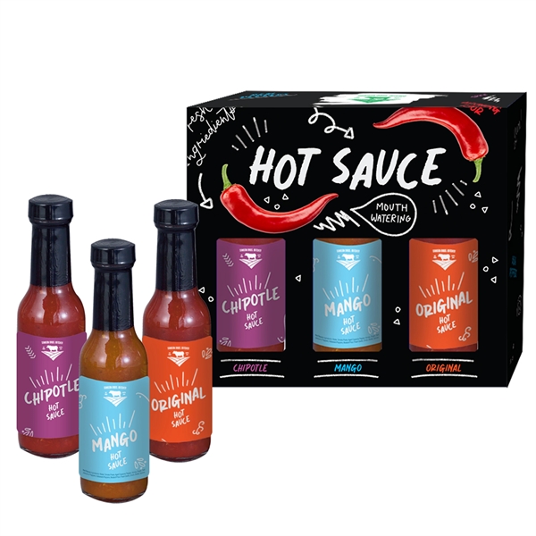 branded hot sauce box with three varietys of hot sauce