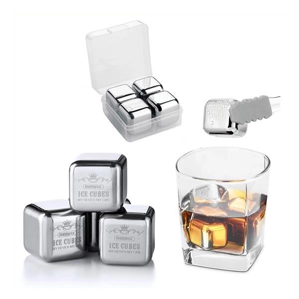 Set of 4 Square Stainless Steel Cocktail Cubes in Case