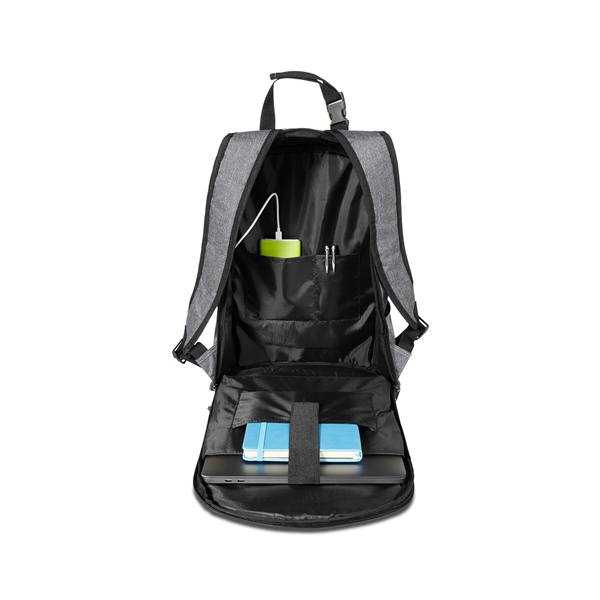 open gray and black backpack holding notebook, laptop, and charging bank -Prime Line circuit anti-theft laptop backpack