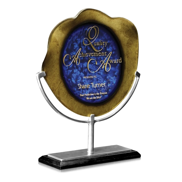 Blue & Gold ArtGlass Award - Polished Aluminum & Marble Base