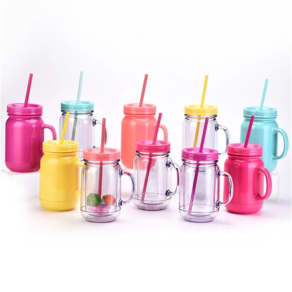 Bright Design Handled Mason Jars with Lid and Straw