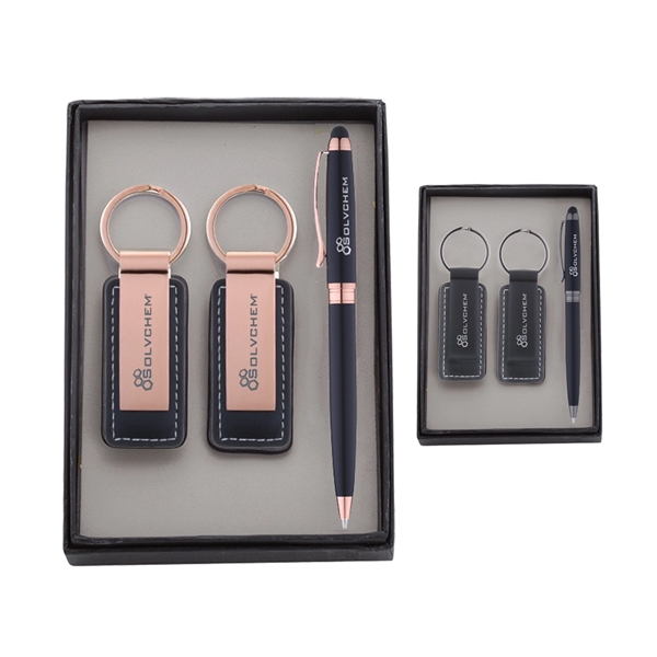 Pen & Black Leatherette/ Metal Keychain Gift Set