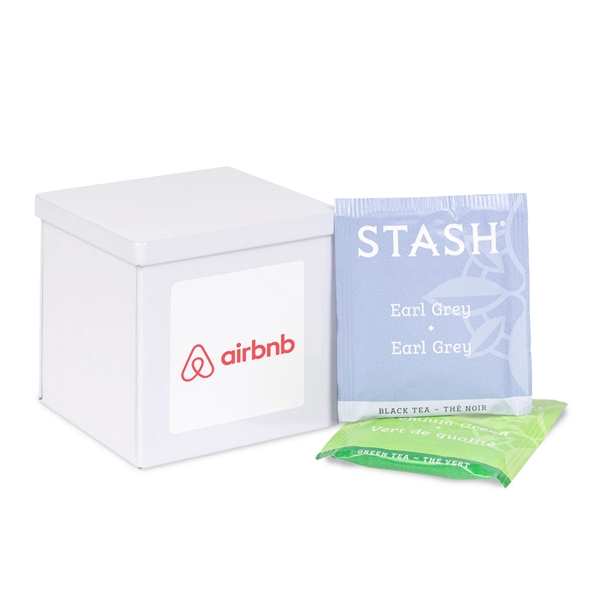 White Canister with Label filled with Stash Tea Assortment