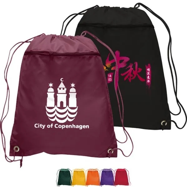 210D Polyester Drawstring Backpack W/ Front Pocket