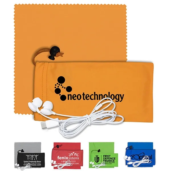Mobile Tech Earbud Kit with Microfiber Cloth in Cinch Pouch