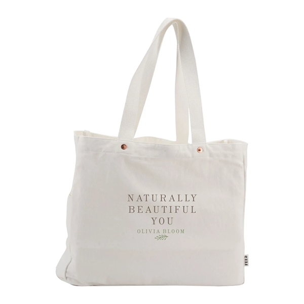 white FEED Organic Cotton Rivet Tote with natural brown branding on front
