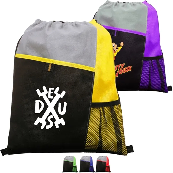 Tri Color Non-Woven Drawstring Backpack W/ Mesh Pocket