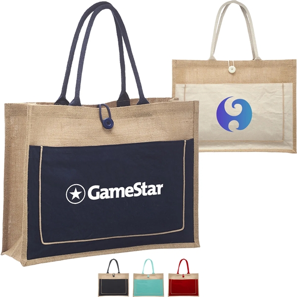Two Tone Jute Tote Bag W/ Front Pocket & Colored Handles