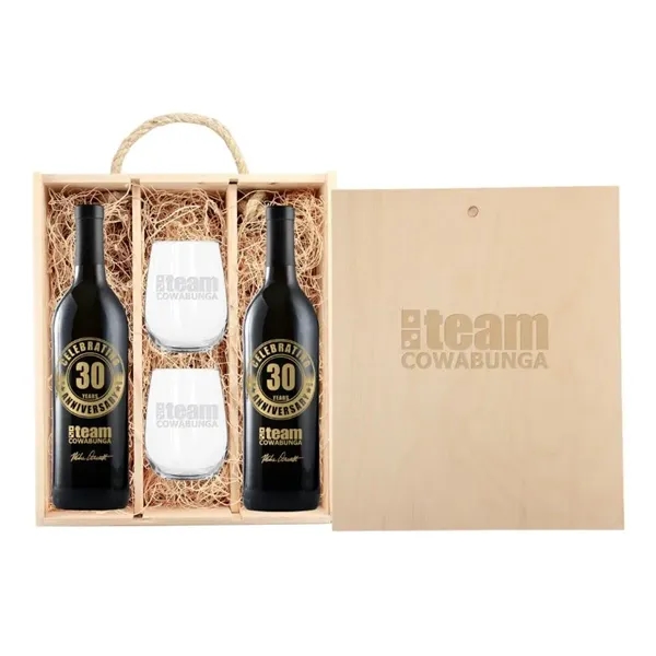 Rustic Laser-Engraved Triple Wood Box with Wine and Glasses