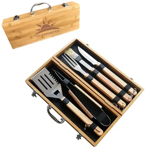 Premium 5Pc Bamboo BBQ Tool Set with Personalized Wood Case