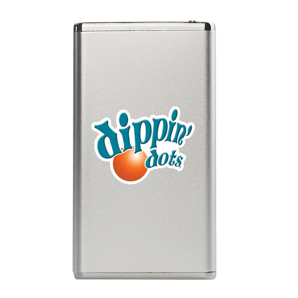 gray rectangular power bank with Dippin Dots multi-colored branded logo - Trent 3000 mAh power bank