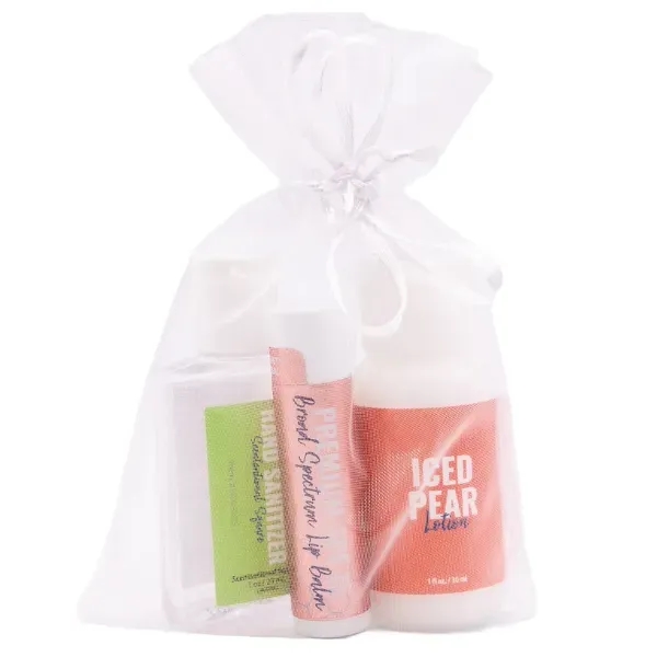 Iced Pear Gift Set: Lip Balm, Lotion, Scented Hand Sanitizer