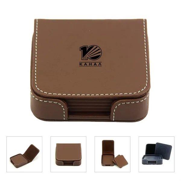 4" Square Leather Coaster Set With Flip Top Holder