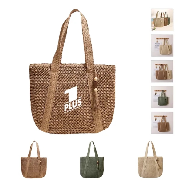 Jute Straw Woven Beach Tote Bag with Tassels
