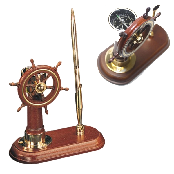 Ship Wheel with Compass Business Pen Holder