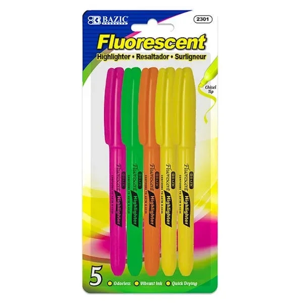 Highlighters - 5 Count Assorted Fluorescent Colors Chisel