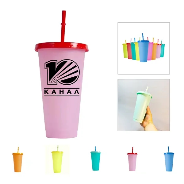 24Oz Plastic Color Changing Cup W/ Lid & Straw