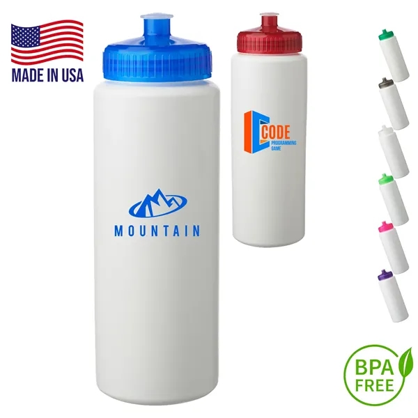 32 oz. USA made HDPE Plastic Sports Bottles w/ Push Pull Lid